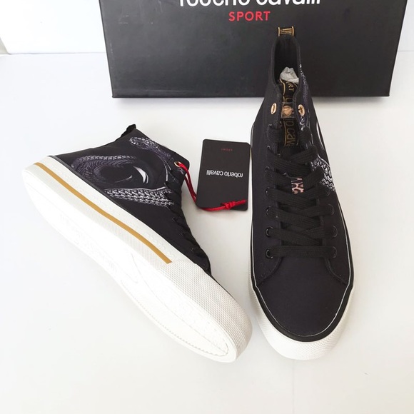 Roberto Cavalli Sport Black Snake Print Sneakers - Picture 2 of 8